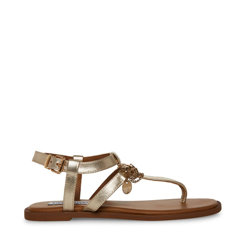 Gold Steve Madden Azalia Leather Women\'s Flat Sandals | PH 6132ZYT